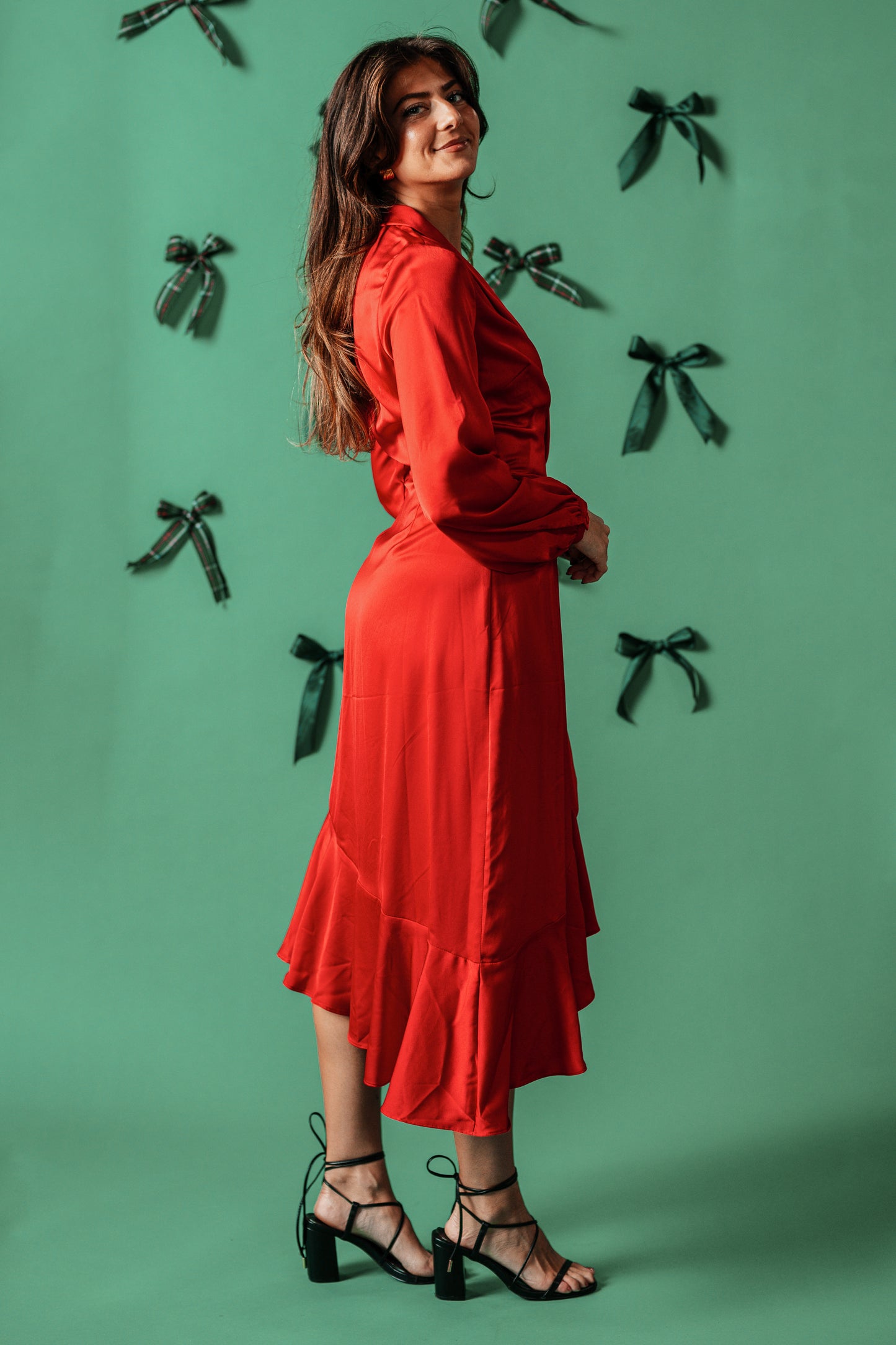 Lucy Paris Arabella Red Ruffle Wrap Midi Dress