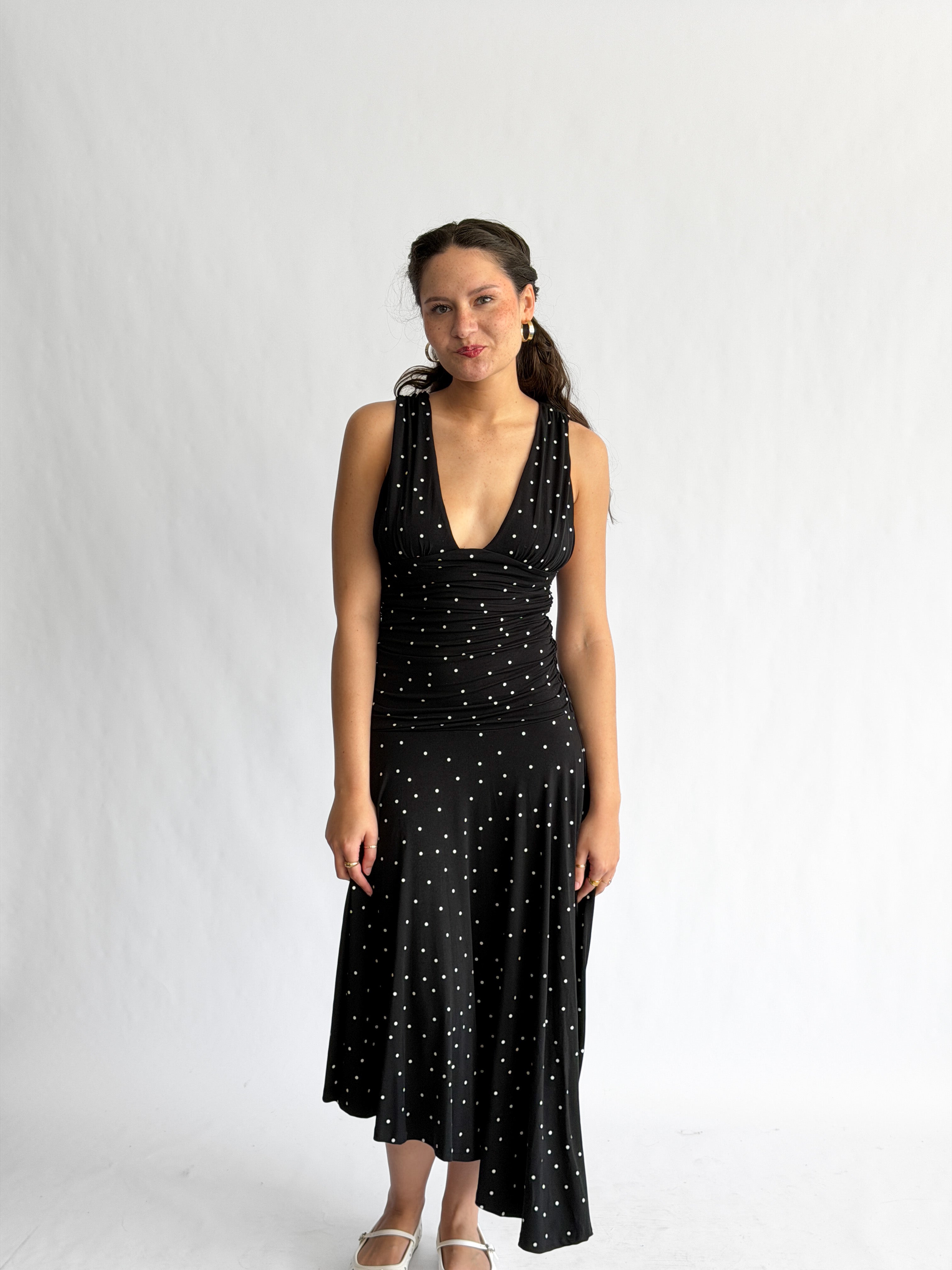 Sammie Polka Dot Ruched Asymmetrical Midi Dress (Black)
