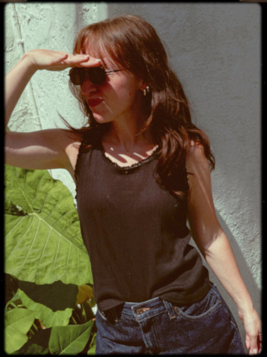 Miou Muse Freya Cotton Pointelle Tank Top (Black)