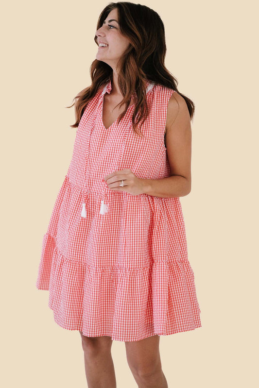 Danielle Red Gingham Seersucker Tiered Mini Dress (L)