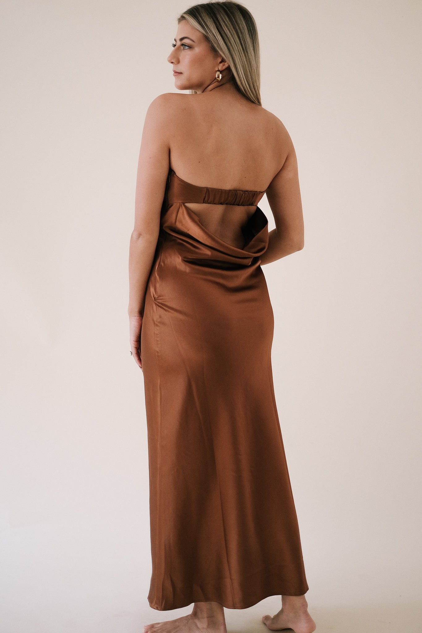 Yasmin Satin Strapless Cowl Drop Back Midi Dress (Copper)