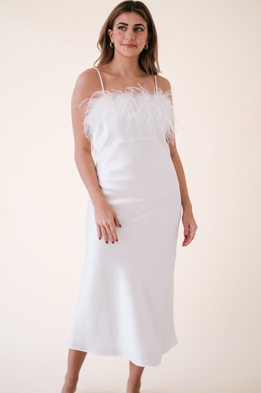 Lucy Paris Flora Feather Trimmed Slip Midi Dress (White) M