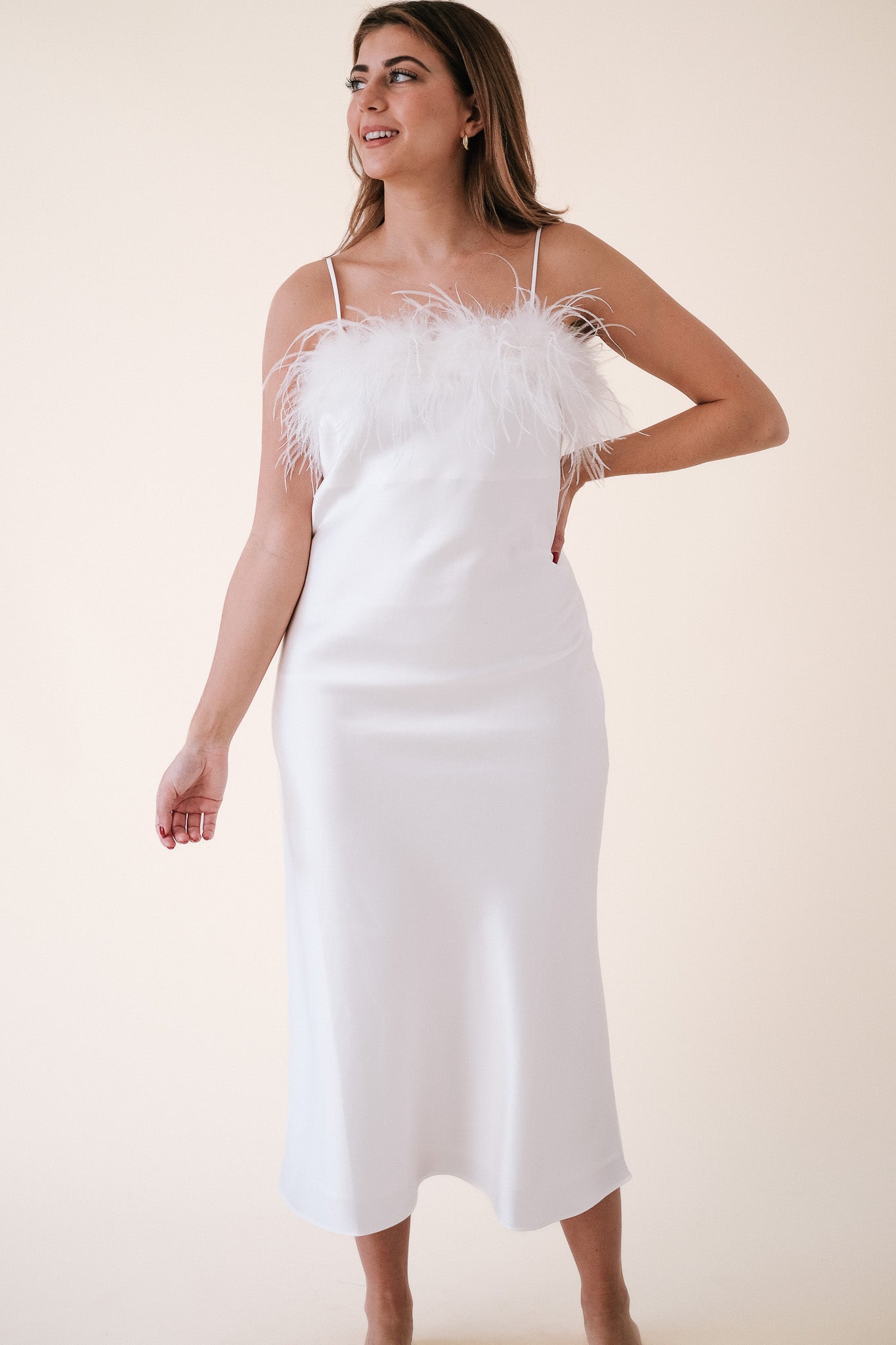 Lucy Paris Flora Feather Trimmed Slip Midi Dress (White)