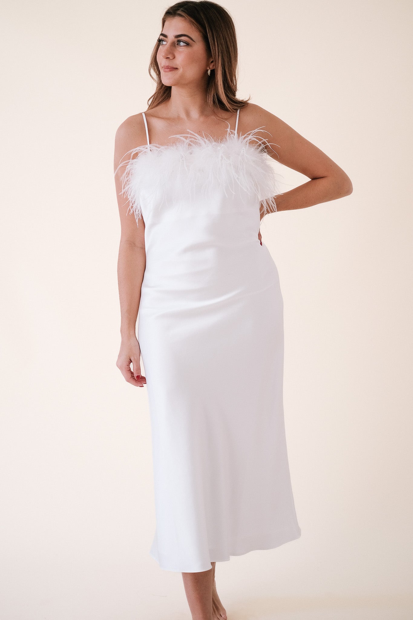 Lucy Paris Flora Feather Trimmed Slip Midi Dress (White)