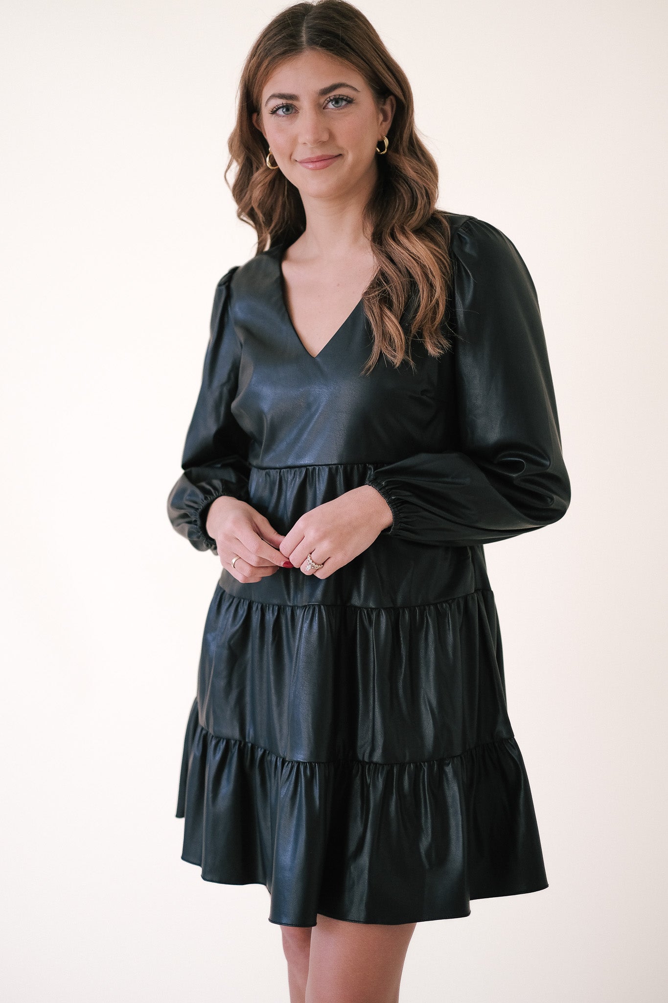 Lucy Paris Adler Black Faux Leather Tiered Mini Dress (XS)