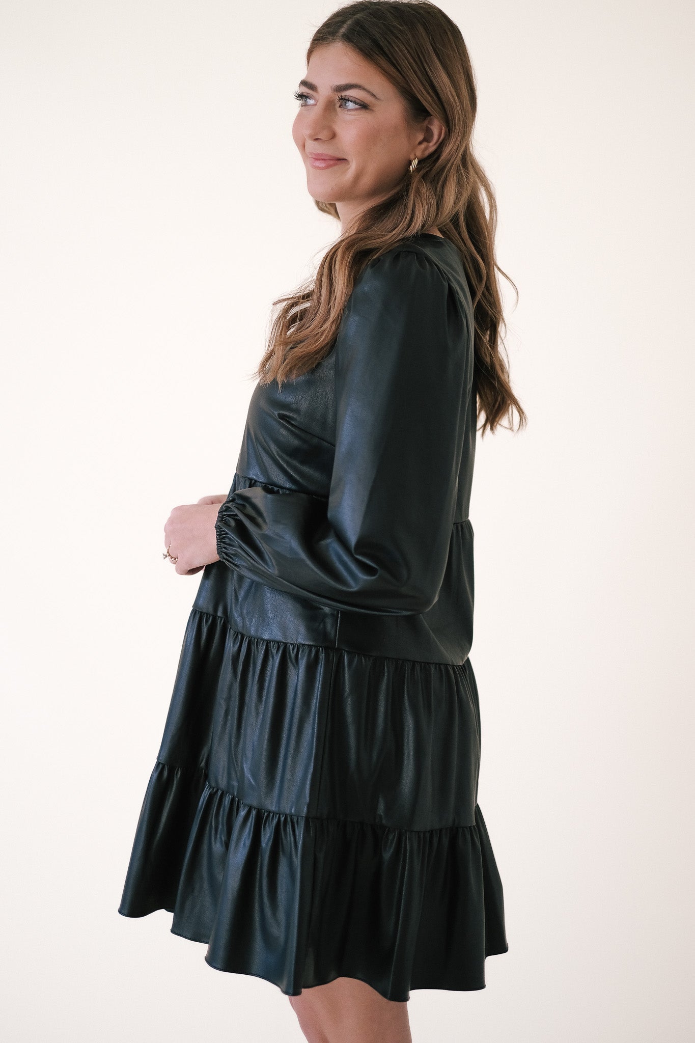 Lucy Paris Adler Black Faux Leather Tiered Mini Dress (XS)