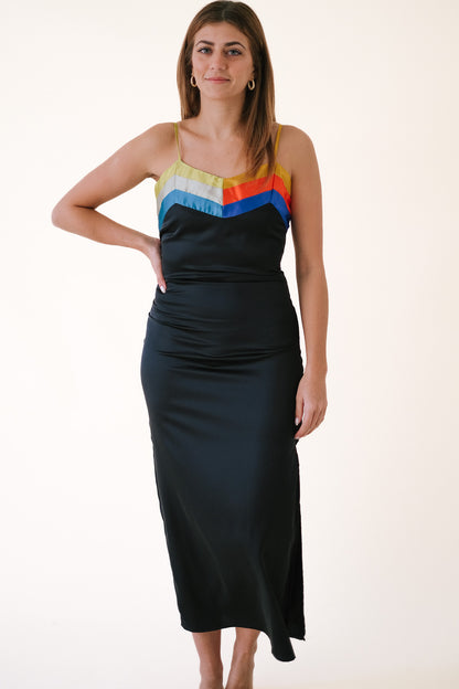 Julia Black Rainbow Detail Satin Midi Dress