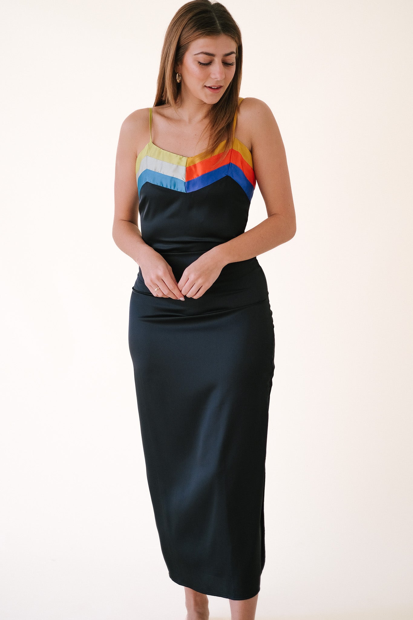 Julia Black Rainbow Detail Satin Midi Dress
