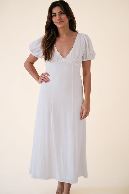 Summer Off White Puff Sleeve Empire Maxi Dress (L)