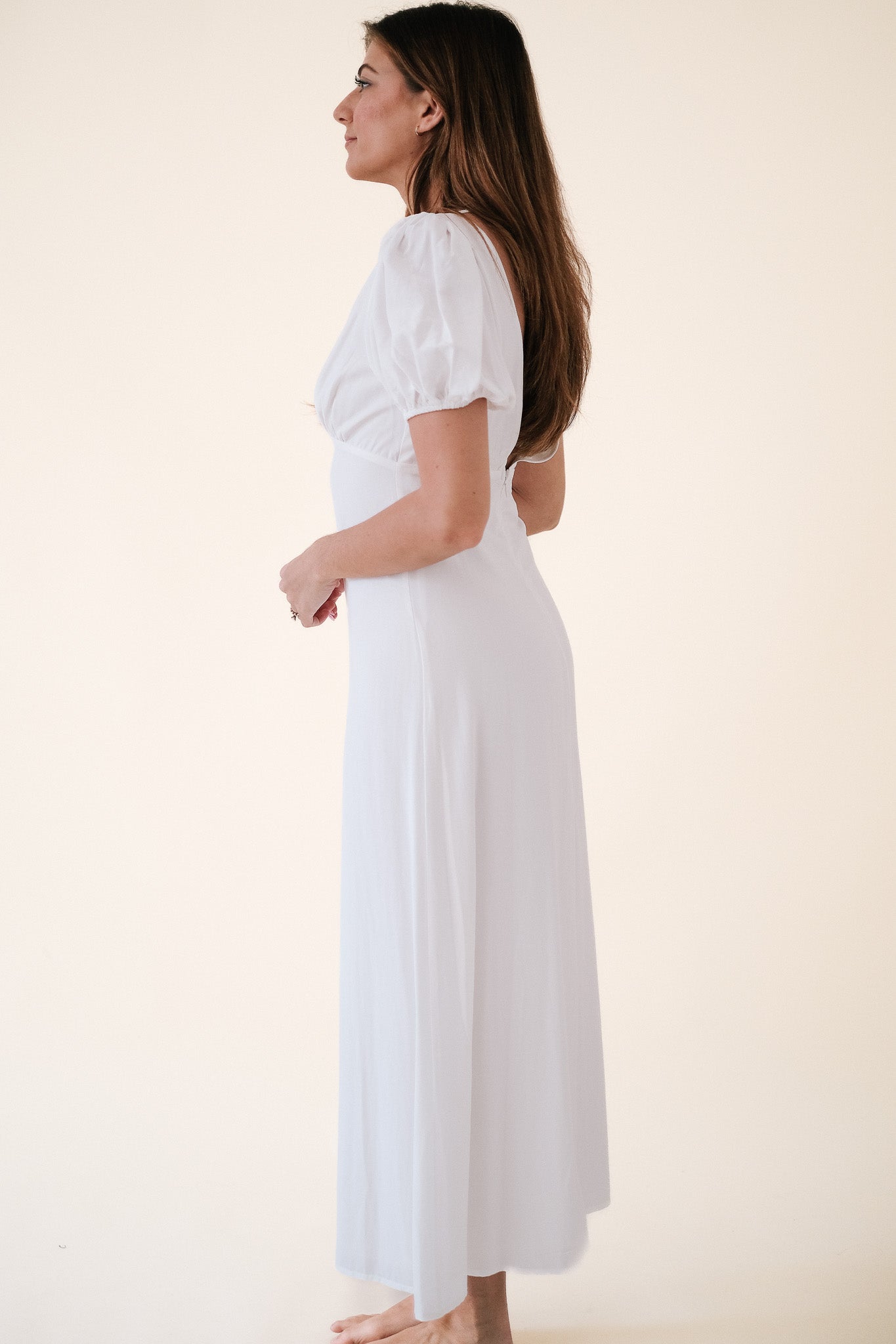 Summer Off White Puff Sleeve Empire Maxi Dress (L)