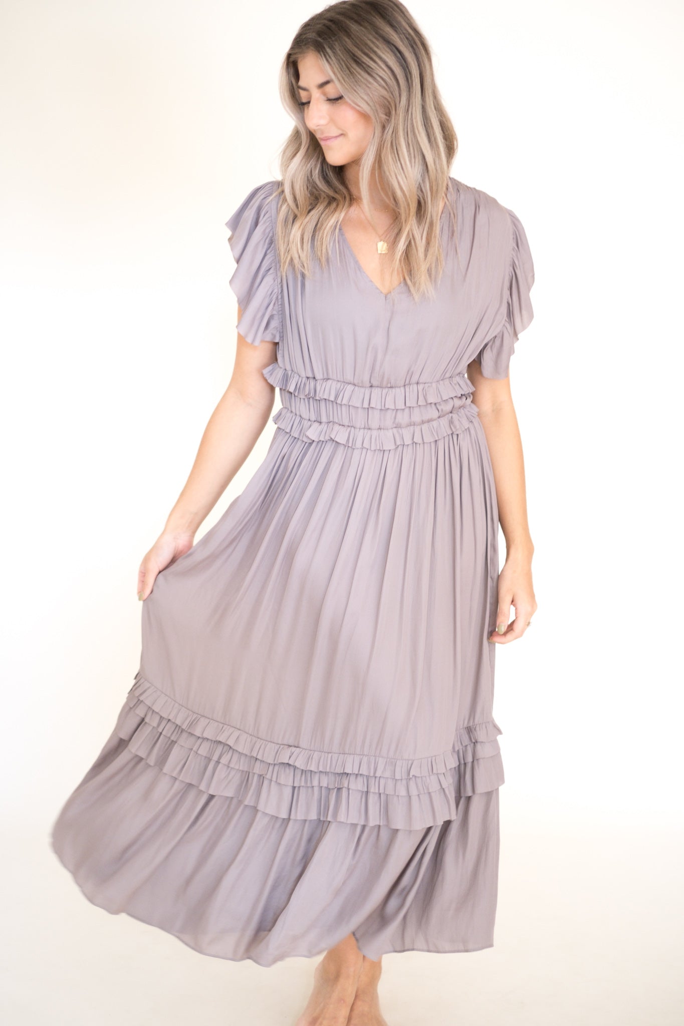 Vanessa Ruffle Peplum Midi Dress (Smoke)