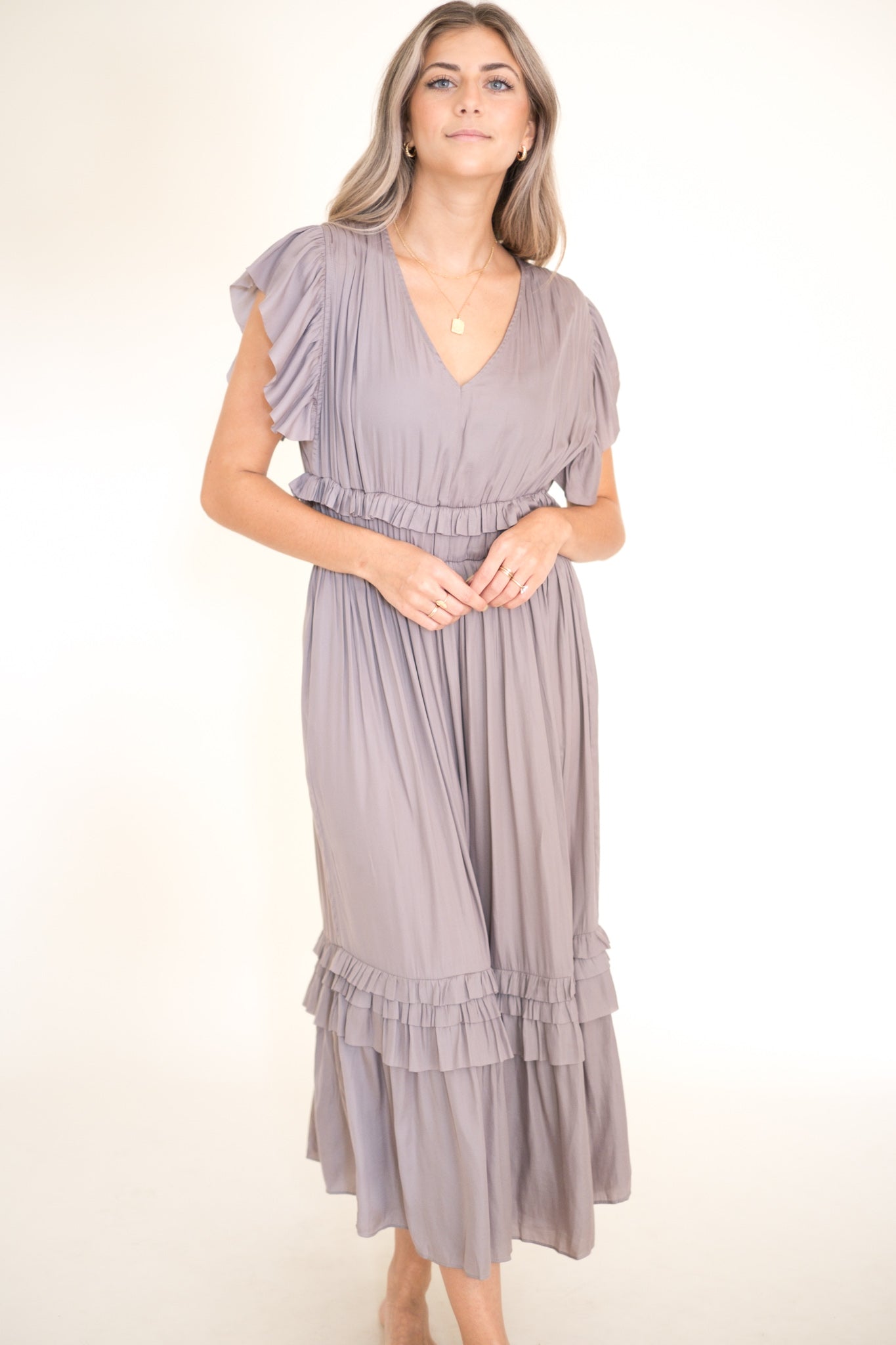 Vanessa Ruffle Peplum Midi Dress (Smoke)