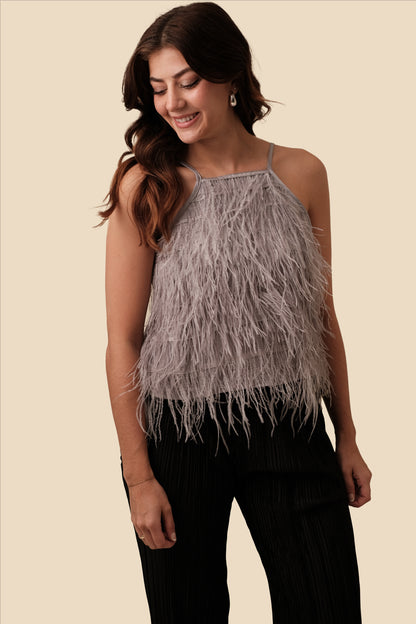 Lucy Paris Amanda Grey Feather Tiered Halter Top