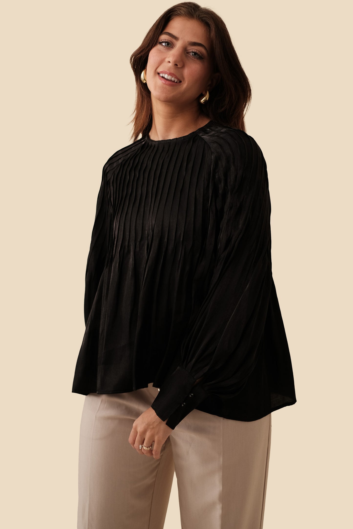 PINCH Brittany Black Satin Crinkle Long Sleeve Top (L)