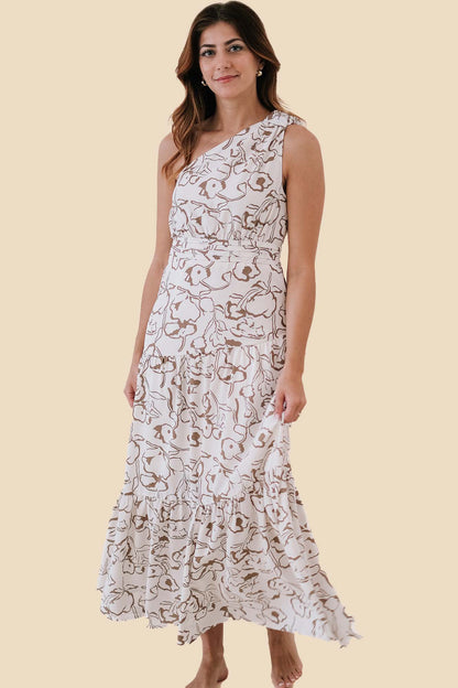 Alessia Cream Floral Asymmetric Tiered Midi Dress (L)