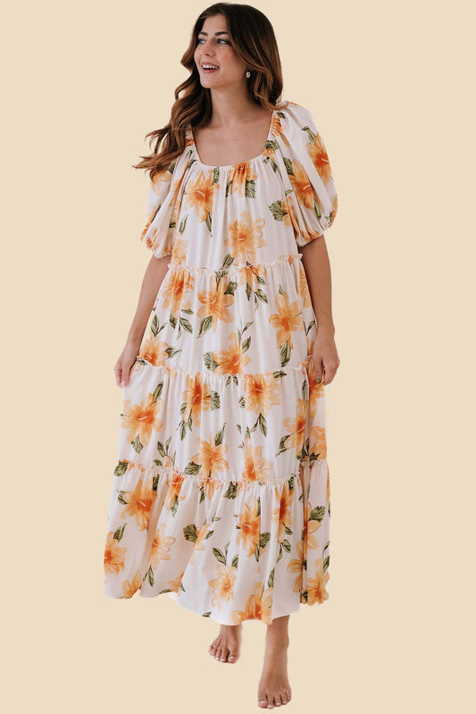 Audrey Hawaiian Flower Print Tiered Midi Dress (L)
