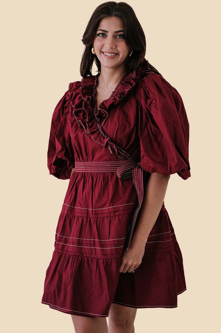Sofie the Label Tabitha Contrast Stitch Wrap Mini Dress (Red)