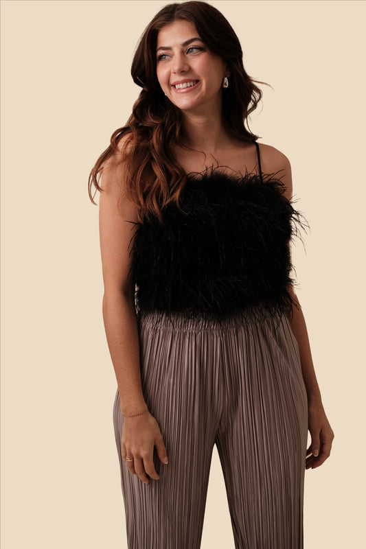 Lucy Paris Phoebe Black Feathered Crop Top (M)