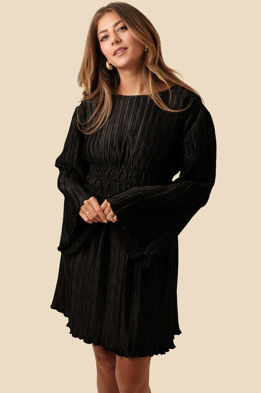 Zuri Black Pleated Flare Sleeve Mini Dress (S)