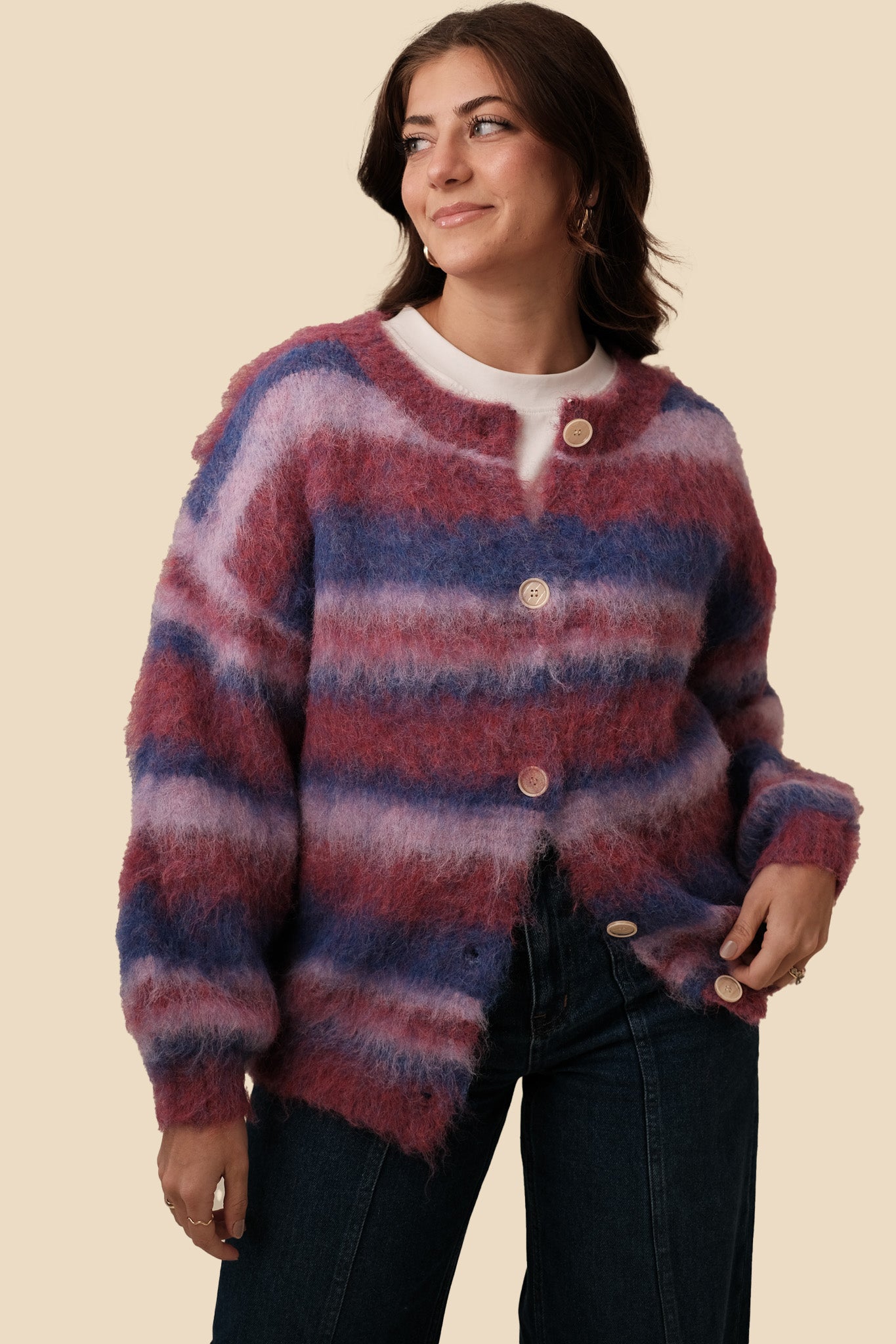 Molly Bracken Claire Fuzzy Striped Buttoned Cardigan
