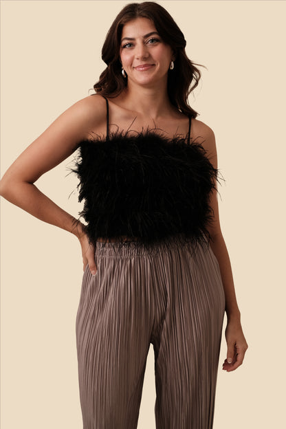 Lucy Paris Phoebe Black Feathered Crop Top (M)