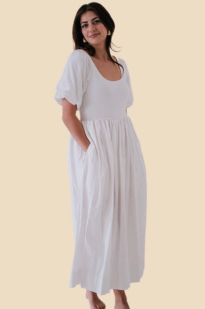 Vivianne Mixed Media Puff Sleeve Midi Dress (White)