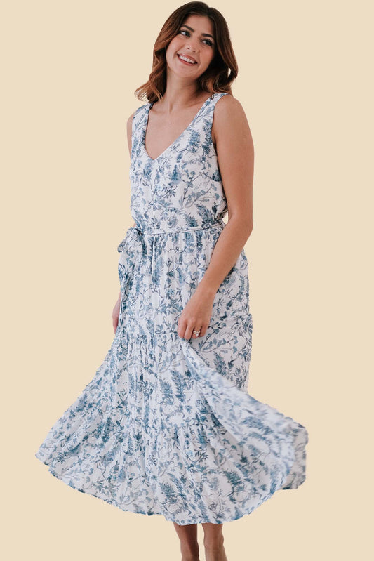 Lucy Paris Alora Blue Floral Tiered Midi Dress
