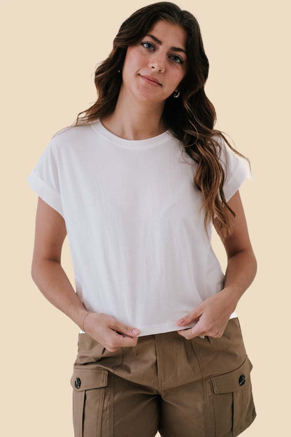 Miou Muse Nina Round Neck Cuff Sleeve T-Shirt (White)