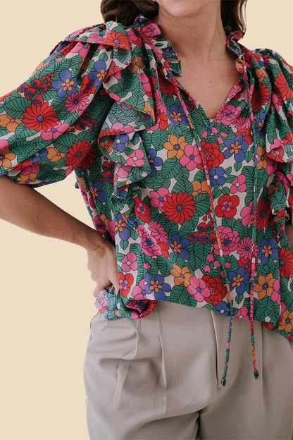 Kenzie Rainbow Floral Ruffle Short Sleeve Top