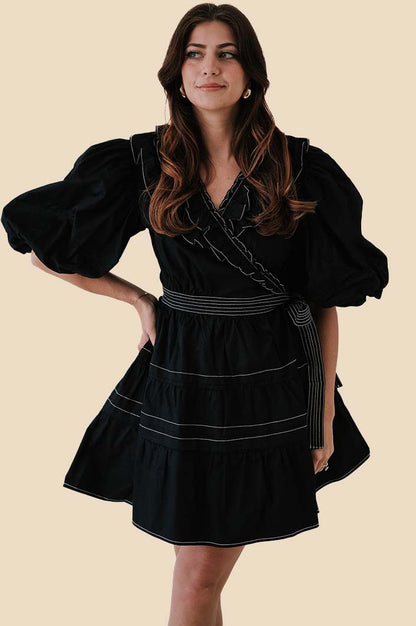 Sofie the Label Tabitha Contrast Stitch Wrap Mini Dress (Black)