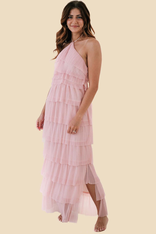 Bria Pleated Tulle Halter Maxi Dress (Pink) L