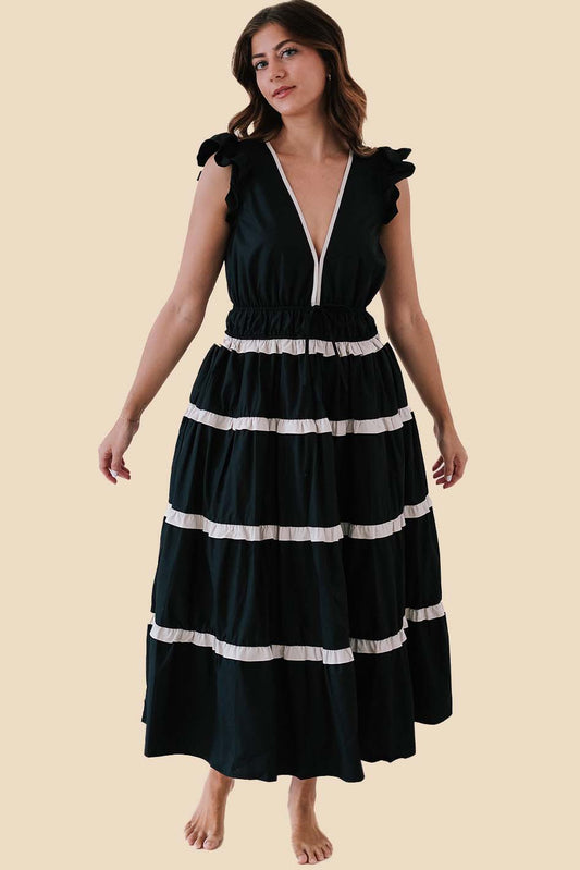 Aureum Josephine Black Contrast Stitch Tiered Midi Dress (S)