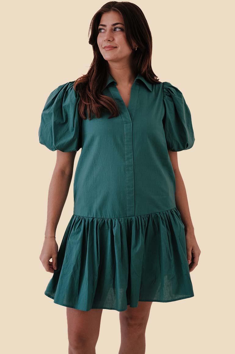 PINCH Reese Cotton Collared Puff Sleeve Mini Dress (Teal)