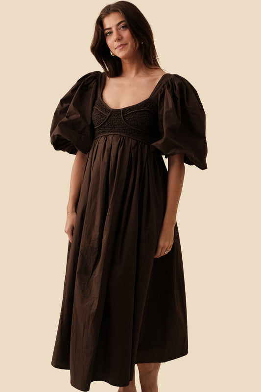 Sofie the Label Brielle Scrunchie Puff Sleeve Maxi Dress (Chocolate)