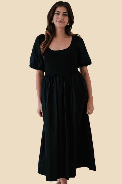 Vivianne Mixed Media Puff Sleeve Midi Dress (Black)