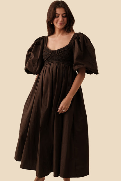 Sofie the Label Brielle Scrunchie Puff Sleeve Maxi Dress (Chocolate)