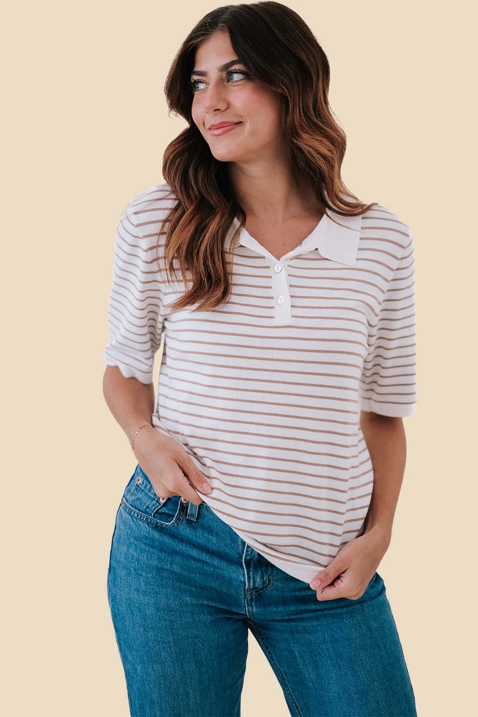 Things Between Ingrid Striped Knit Polo Top (Taupe)