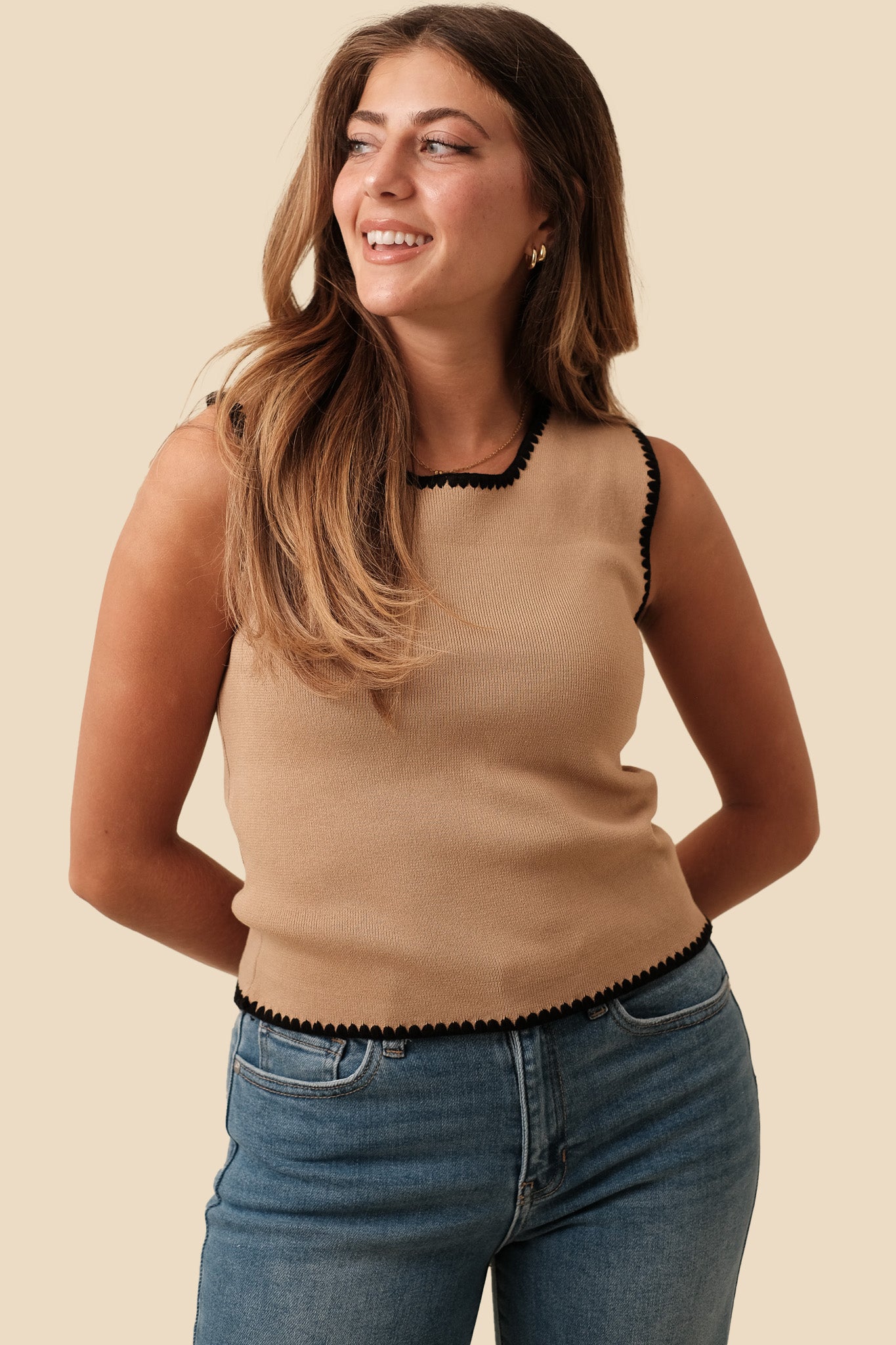 Charlie Camel Black Scallop Trim Tank Top