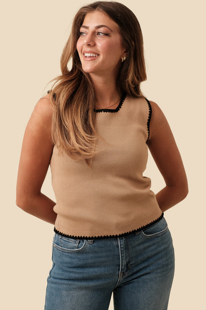 Charlie Camel Black Scallop Trim Tank Top