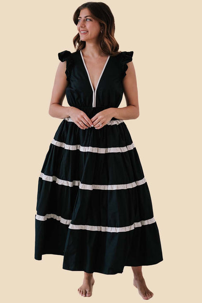 Aureum Josephine Black Contrast Stitch Tiered Midi Dress