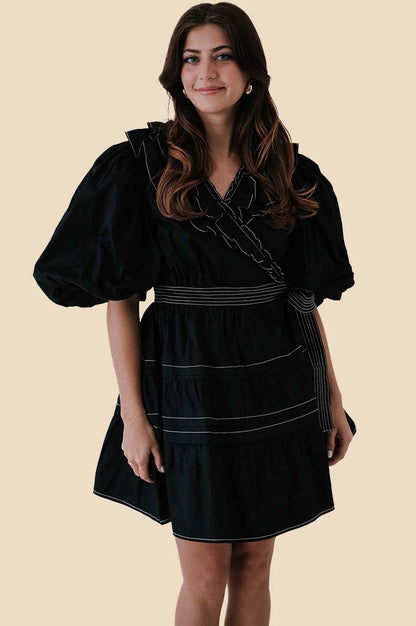 Sofie the Label Tabitha Contrast Stitch Wrap Mini Dress (Black)