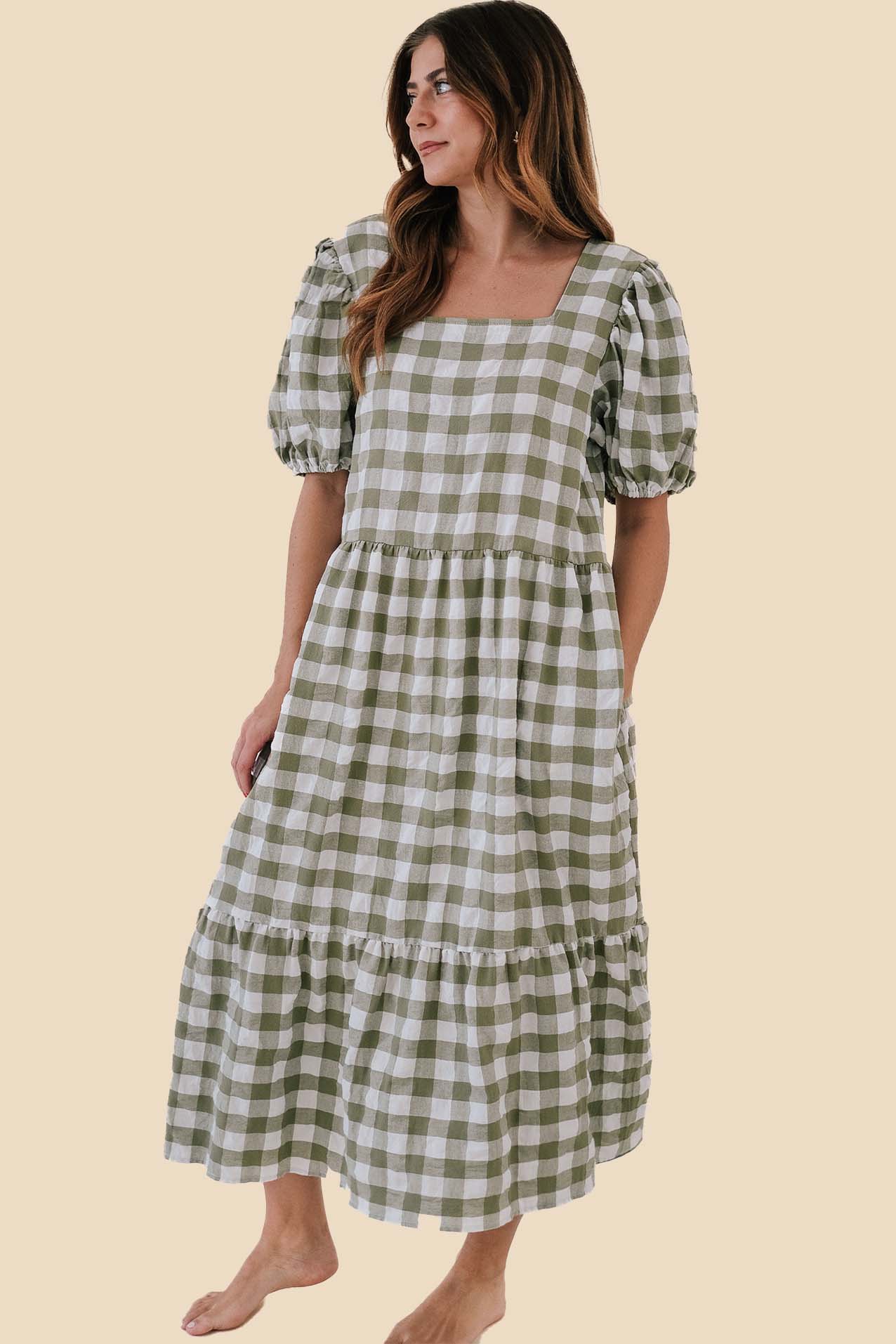 Things Between Belle Green Gingham Puff Sleeve Midi Dress