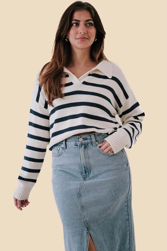 Maria Cream and Navy Stripe Collared Sweater