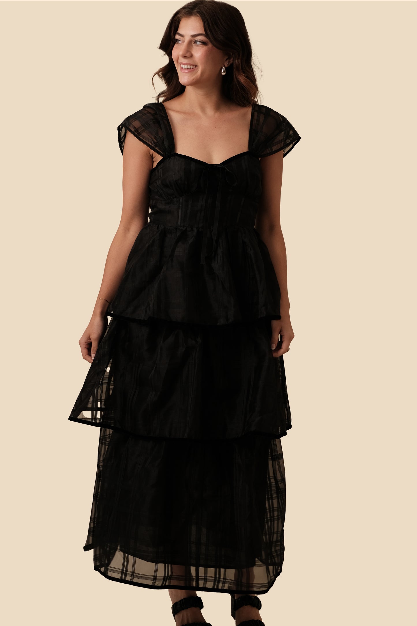 Sofie the Label Ava Black Plaid Chiffon Tiered Maxi Dress