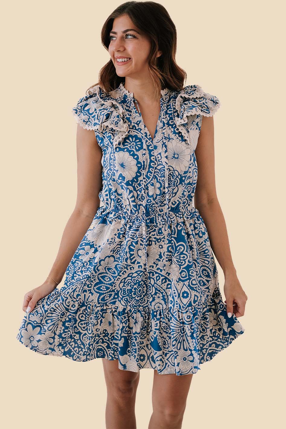 PINCH Julianna Floral Lace Flutter Sleeve Mini Dress (Blue)