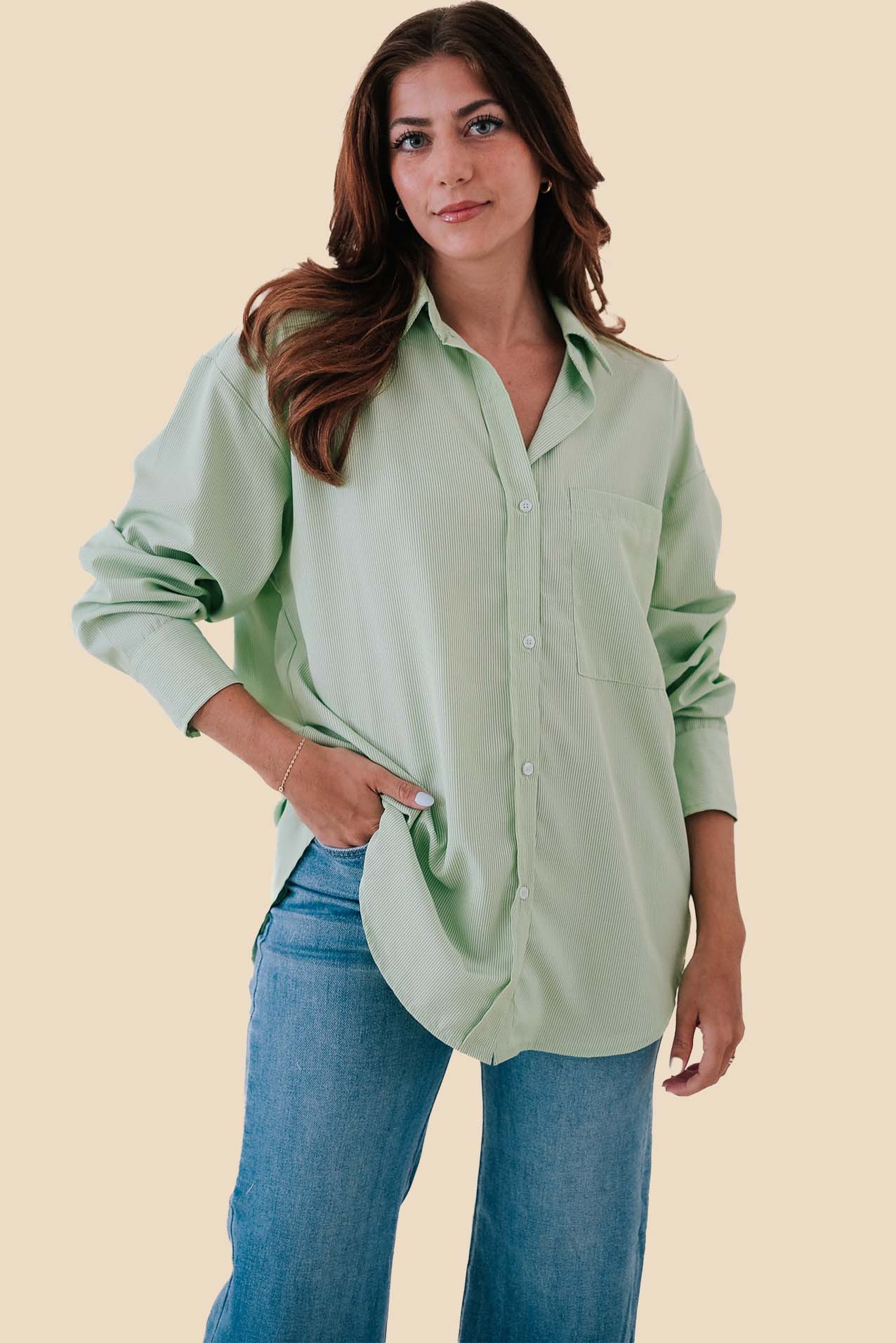 Freya Oversized Lime Green Striped Button Down Shirt