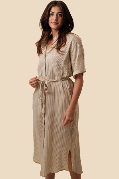 Things Between Kate Stripe Collared Midi Dress (Beige)