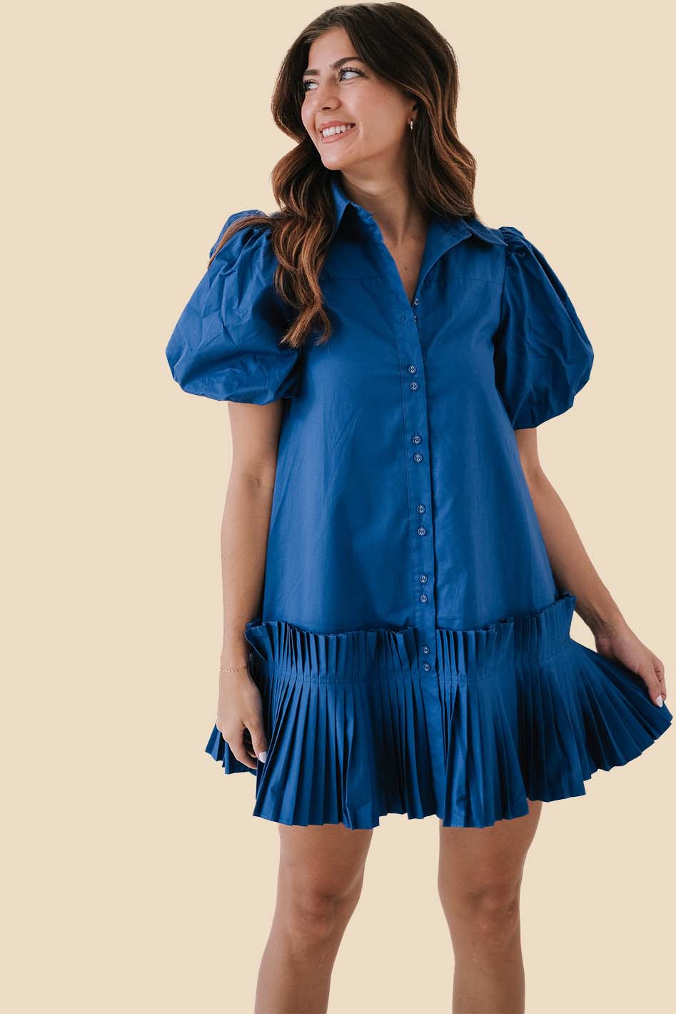 Aureum Blue Pleated Hem Buttoned Mini Dress
