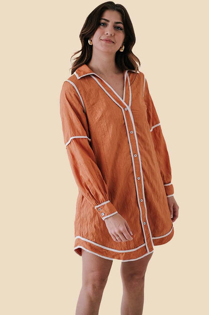 Walker Orange Contrast Crinkle Shirt Mini Dress (L)