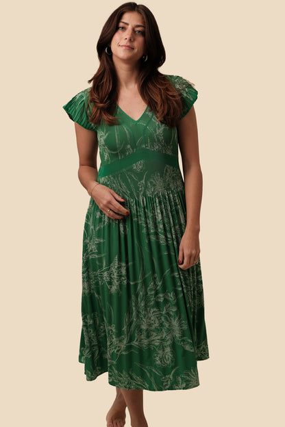 Current Air Donna Floral Pleated Bodice Midi Dress (Green)